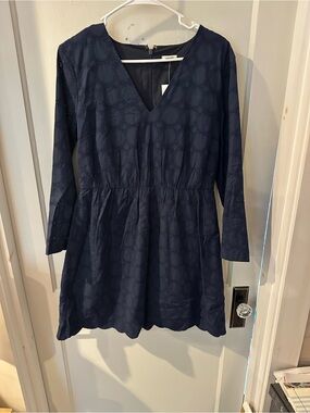 Navy Eyelet V-Neck Long Sleeve Dress